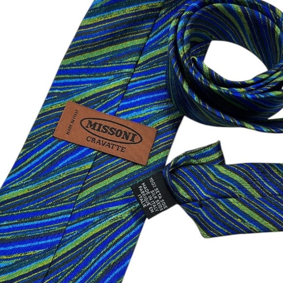 MISSONI Blue/Green Striped Art Silk LUXURY Tie ITALY - Picture 3 of 4